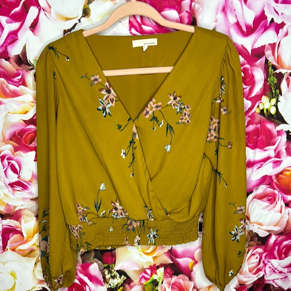 Mustard Yellow Floral Wrap Top by Anthropologie